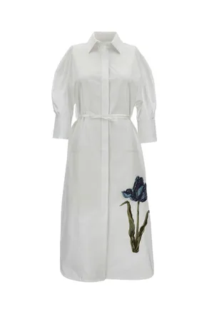Erdem White Cotton Poplin Midi Dress with Tulip Embroidery