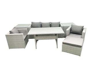 Fimous Garden Dining Set Outdoor Rattan Furniture Set with Sofa Dining Table 2 Chairs Big Footstool 2 Side Tables Light Grey Mixed