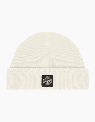 Stone Island Mens Stone Island Ribbed Organic Cotton Beige Beanie Hat - Cream - Size: ONE size