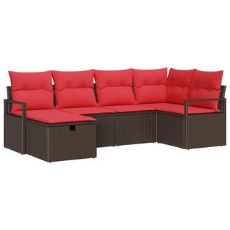 vidaXL Juego De Sof&aacute; Con Coj&iacute;n Manual Marr&oacute;n Y Rojo Rat&aacute;n Sint&eacute;tico Vidaxl