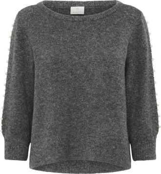 Kaffe Grijze Melange Pullover met Kralenmouwen - Dames - Ronde hals truien - Grijs - S - Wol - Truien & Vesten