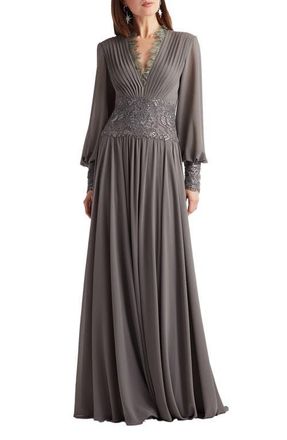 Tadashi Shoji Sequin Lace Detail Long Sleeve Chiffon Gown in Mist at Nordstrom, Size 2