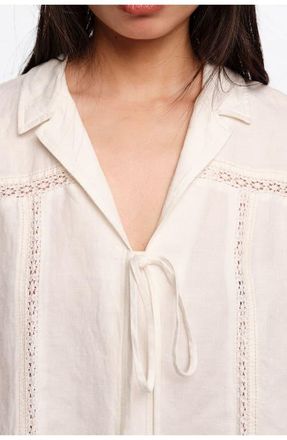 Bimba & Lola Linen-Blend Lace Trim Shirt in White at Nordstrom, Size Xx-Small Eu