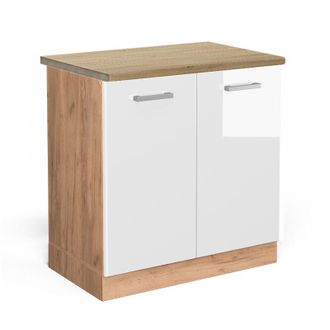 Vicco Armario Bajo Para Fregadero R-line, Blanco Alto Brillo, 80 Cm, Et Roble