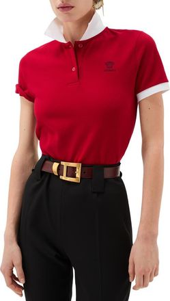 Versace Gender Inclusive Embroidered Medusa Cotton Piqu&eacute; Polo in Lipstick Red White at Nordstrom, Size 10 Us