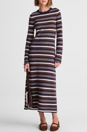 Madewell Crewneck Long Sleeve Merino Wool Sweater Maxi Dress in Brown Multi Stripe at Nordstrom Rack, Size Xx-Small