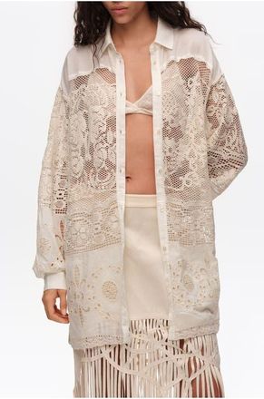 Bimba & Lola Oversize Lace Patchwork Shirt in Ecru at Nordstrom, Size X-Small/small