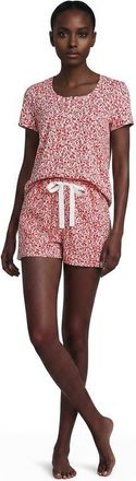 Lands End Knit 2 Piece Pajama Set - Short Sleeve Top and Shorts in Compass Red Pressed Flower at Nordstrom, Size Xx-Small