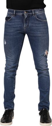 Dolce & Gabbana Mens Blue Washed Skinny Cotton Tattered Denim Jeans Light Clothing
