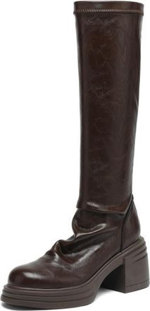 Generic Womens PU Leather Knee High Boots with Zipper Round Toe Platform Long Boot Mid Block Heel Casual Boots,Brown,3.5 UK