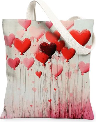 Generic Valentines Day Hearts Canvas Tote Bags, Romantic Love Pattern Reusable Grocery Bags, Lightweight Washable Shoulder Strap Canvas for Shopping, Travel, 