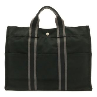 Herm&egrave;s Black Gray Canvas Handbag Tote Bag (Pre-Owned)
