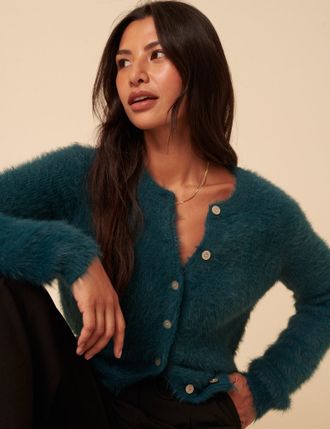 Nobody's Child Teal Fluffy Long Sleeve Knitted Cardigan