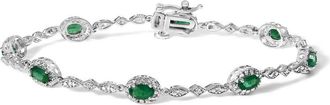House of Brilliance 10K White Gold Oval Green Emerald & Diamond Alternating Link Bracelet