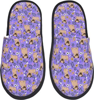Generic Pugs And Flowers Women Men House Slippers Fuzzy Slippers Lightweight Sliders For Indoor Outdoor Winter L