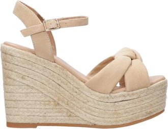 Espadrilles Kameel Sandalen met Knoopbanden - Dames - Sleehakken - Bruin - 41 EU - Leer - Schoenen