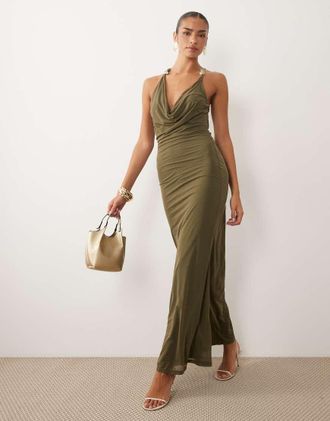 Asos Vestito lungo monospalla in chiffon elasticizzato verde oliva con scollo ad anello