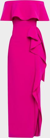 Teri Jon Off-Shoulder Ruffle Column Gown