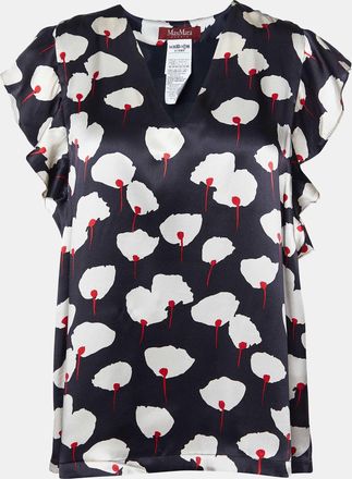 Max Mara Black Floral Print Silk Satin Blouse