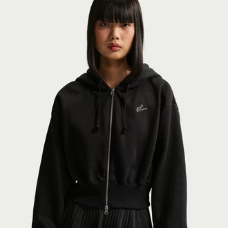 Nike Womens Nike Sportswear Phoenix Fleece Loose Cropped Full-Zip Hoodie in Black | IQ1256-010