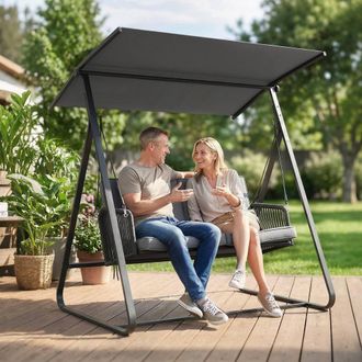 OUTSUNNY 2-Seater Rattan Swing Chair, Outdoor Garden Hanging Swing Seat in Dark Grey