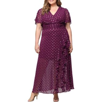 S.L. Fashions Flutter Sleeve Fil Coup&eacute; Maxi Dress in Italian Plum at Nordstrom, Size 16W