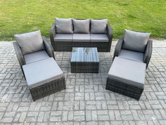Fimous 7 Seater High Back Rattan Garden Furniture Set with Square Coffee Table 2 Big Footstool Indoor Outdoor Patio Lounge Sofa Set Dark Grey Mixed