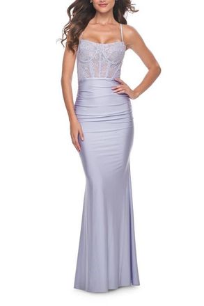 La Femme Neon Ruched Jersey Dress with Illusion Corset Lace Top in Light Periwinkle at Nordstrom, Size 00