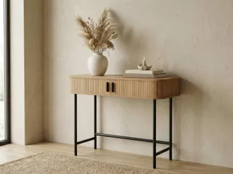 OEM Consola Con Frentes Ranurados, Estilo Boho, Roble, Tiradores Negros, 100 Cm