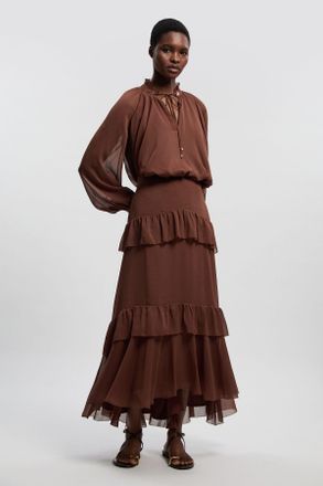 Karen Millen Womens Crinkle Chiffon Woven Maxi Skirt - Chocolate - Size 12 UK