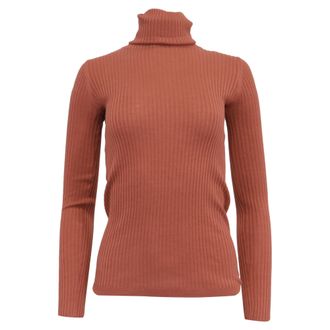 Theory Ribbed-Knit Rolled Neck Sweater in Rust Wool