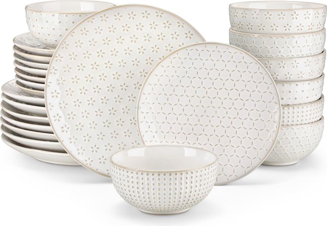 Malacasa Geschirrset für 8 Personen, 24 tlg Steingut Geschirr Handmade mit Teller set, Dessertteller, Tafelservice Modern Mit Relief, Serie LYDIA Beige ab 159,99 €