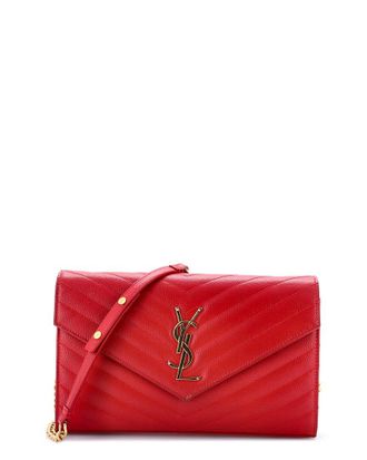 Saint Laurent Red Matelasse Chevron Leather Classic Monogram Wallet On Chain Medium (Authentic Pre-Loved)