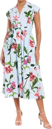 London Times Rosemary Cotton Belted Shirt Dress In Sky Blue / Sunkist Coral