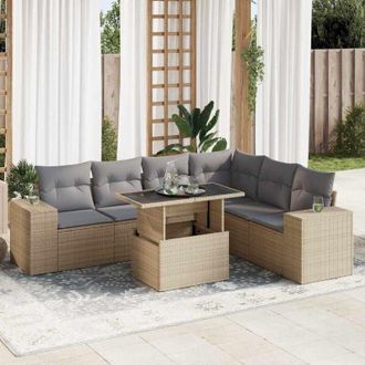vidaXL Vidaxl - Set Sof&aacute;s De Jard&iacute;n 7 Piezas Y Cojines Rat&aacute;n Sint&eacute;tico Beige