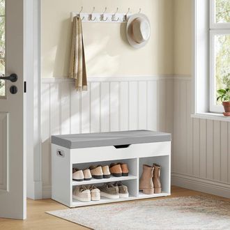 Vasagle Medium Shoe Storage Bench with Cushion 3 Compartments Padded Seat in Natural White