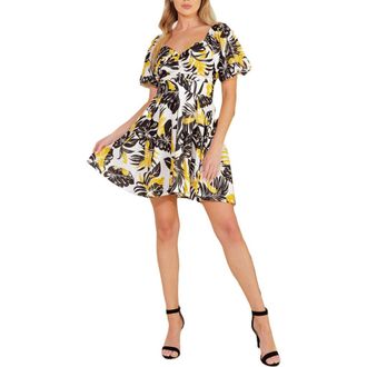 Flying Tomato Leaf Print Puff Sleeve Fit & Flare Dress in Ivory Black at Nordstrom Rack, Size Medium