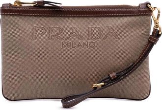 Prada Pre-owned Clutches, female, Brown, Size: ONE SIZE Pre-owned Canvas Pouch with Wristlet Strap Top Zip Closure and Luxurious Textile