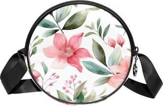 Generic Circle Crossbody Bag for Women, Floral Leaves Small Sling Bag Daypack with Zipper Adjustable Shoulder Straps Casual Ladies Girls Round Purse