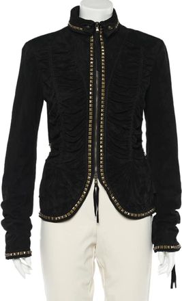 Roberto Cavalli Black Studded Suede Zip Front Ruched Jacket