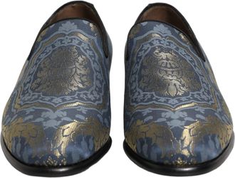 Dolce & Gabbana Mens Blue Floral Brocade Slip On Loafers Shoes Leather
