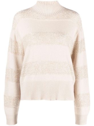Brunello Cucinelli striped roll-neck sweater - women - Virgin Wool/Cashmere/Silk/Polyester - L - Neutrals