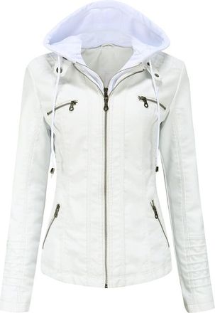 Dissa Womens Off-White Faux Leather Biker Jacket Short PU Moto Biker Outwear Vintage Fitted Jacket Hooded Spring and Autumn Coat,PP005,XXL