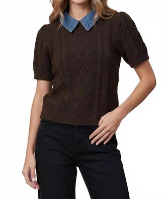 She + Sky Chelsea Cable Knit Denim Collar Sweater Top In Chocolate
