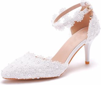 Generic White,6.5 UK,Womens High Stiletto Heels Lace Pearls Pointed Closed Toe Ankle Strap Heeled Sandals Wedding Prom Dance Dressy Pumps Shoes