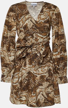 Ganni Ganni Brown Abstract Print Poplin Wrap Dress