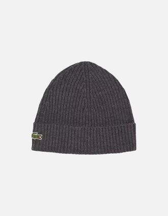 Lacoste Mens Lacoste Rib-Knit Brushed Wool Beanie Heathered Grey - Black - Size: ONE size
