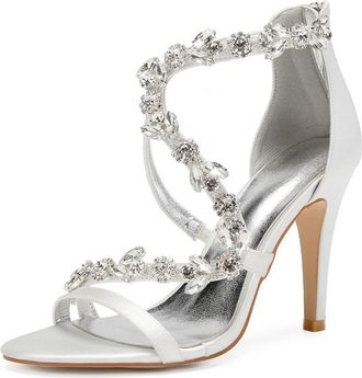 Generic Bridal Heels Womens Satin Open Toe Stiletto High Heels Wedding Shoes High Sandals for Prom, Party, Daily 10.5Cm,Ivory,4 UK