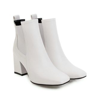 Generic Womens Chunky Heel Ankle Boots,Square Toe Comfortable Booties with Elastic Side Panels,White,7.5 UK