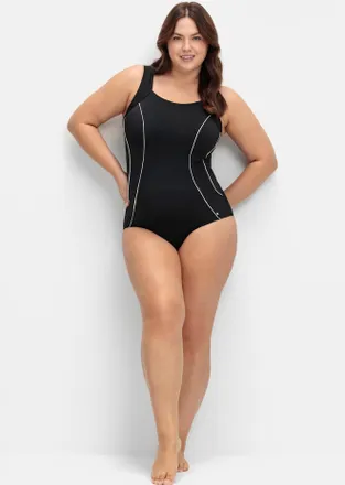 Sheego Badeanzug SHEEGO, Damen, Gr. 40, Cup F, schwarz-weiss (schwarz, wei&szlig;), Polyamid, Badeanz&uuml;ge Badeanzug